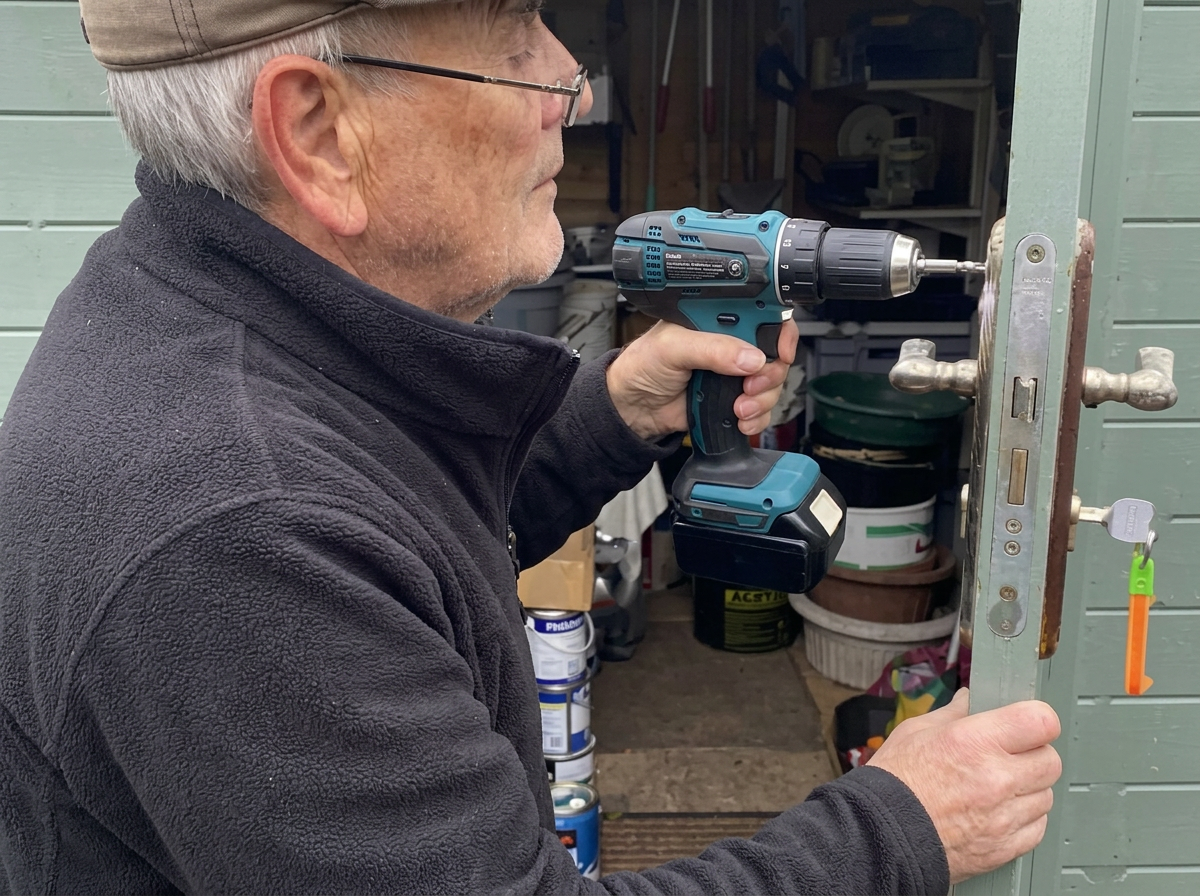 Harry, locksmith at The Bow Locks, fitting a mortice lock to a timber door